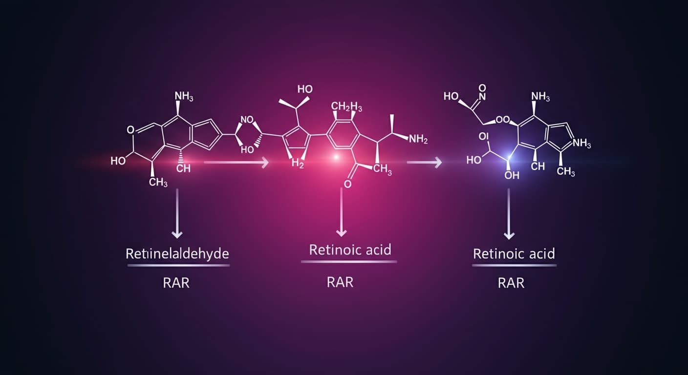 레티놀에서 레티날을 거쳐 레티노익애씨드로 이어지는 효소 전환 경로 도식