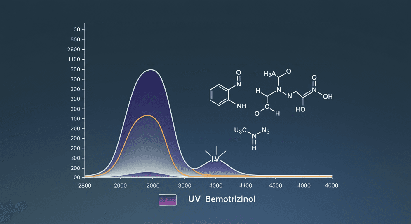베모트리지놀 분자 구조 및 UVA/UVB 흡수 스펙트럼 인포그래픽 (280~400nm 흡수 곡선, 피크 310nm UVB / 340nm UVA 표시)