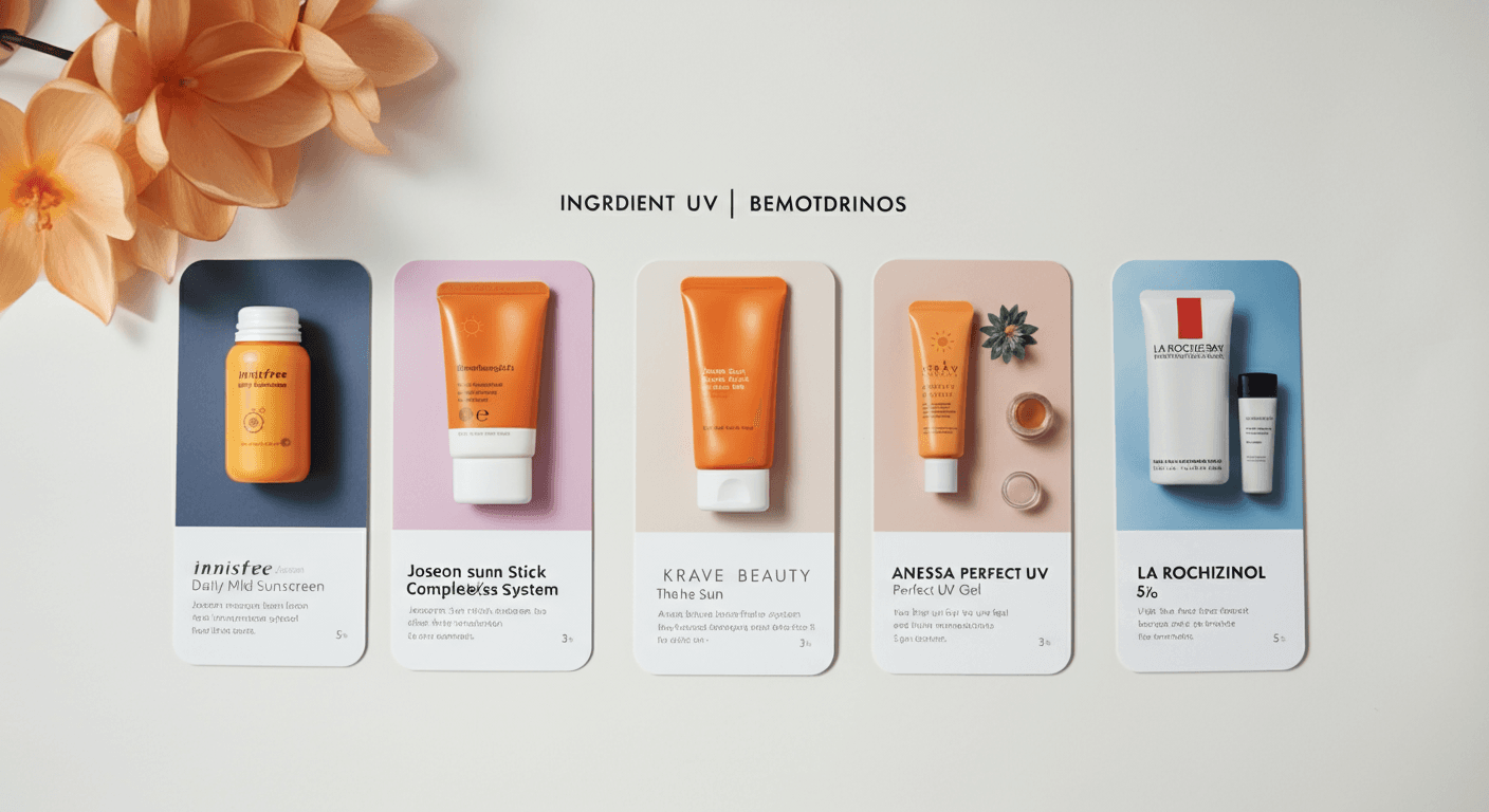 베모트리지놀 함유 대표 선크림 제품 5종 구성 이미지 및 농도 비교 테이블