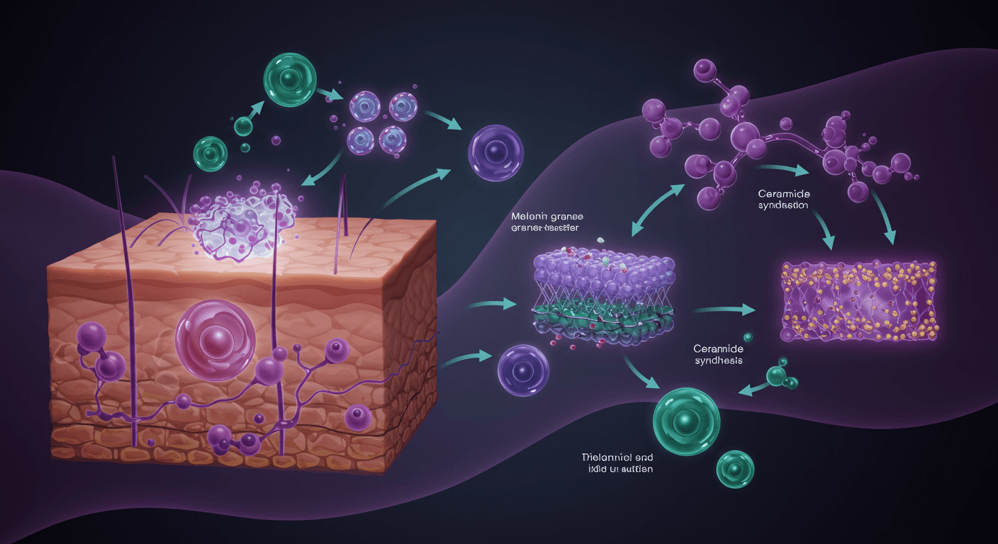 나이아신아마이드 작용 원리: 멜라노좀 이동 억제, 피지 억제, 세라마이드 합성 경로 도식